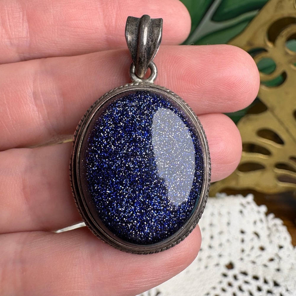 Vintage Blue Goldstone 925 Silver Pendant Celestial Goth